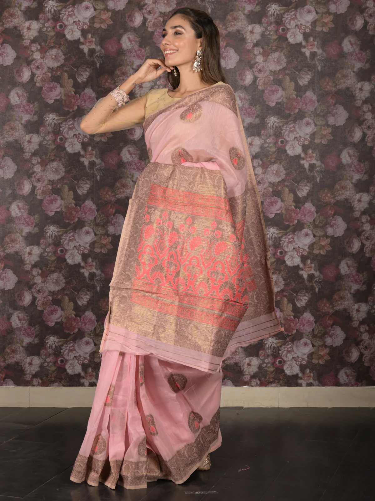 Odette Light Pink Cotton Blend Woven Saree with Unstitched Blouse for Women - Image 3