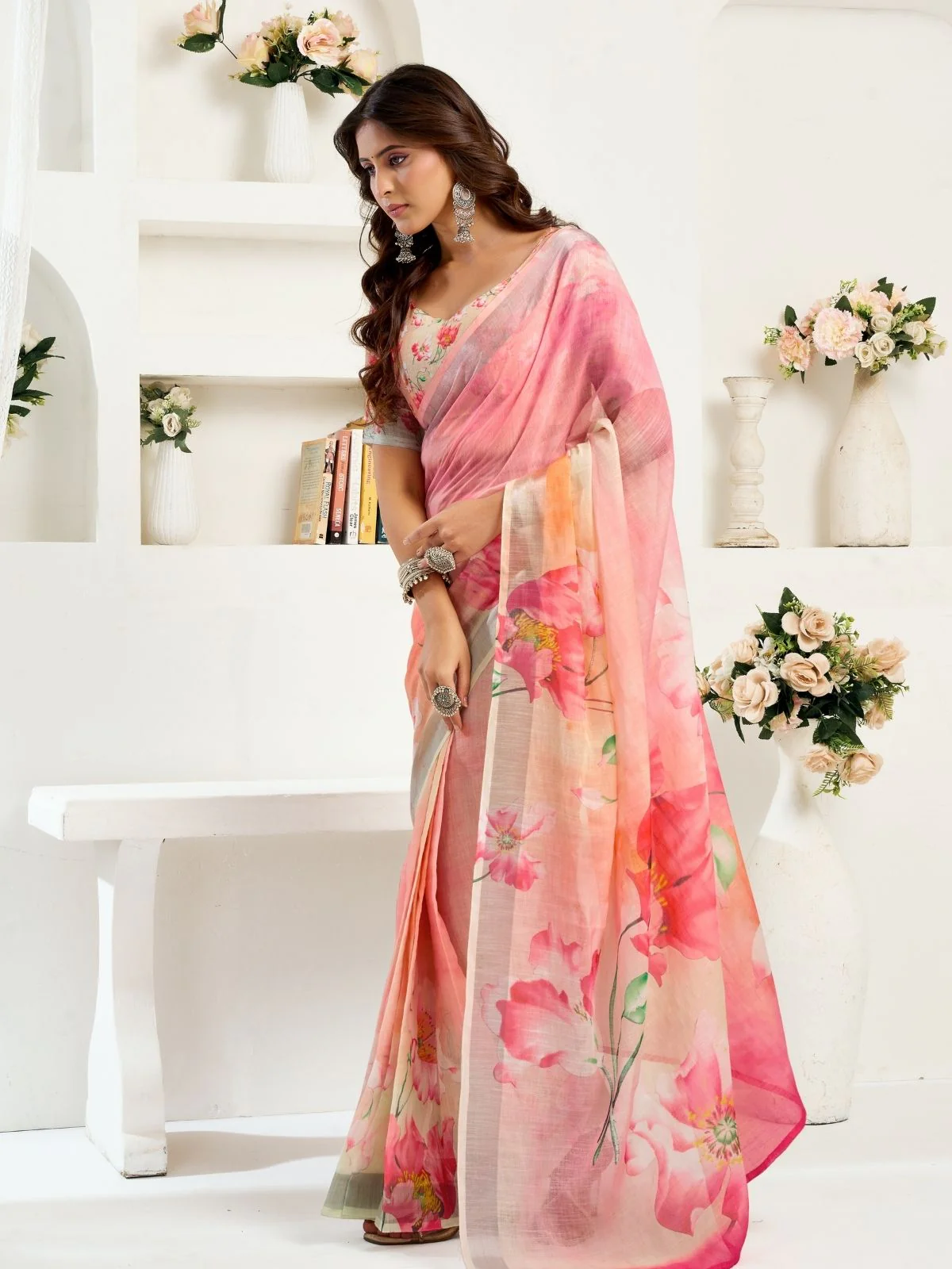 Odette Light Pink Cotton Linen Zari Work Saree For Women - Image 3