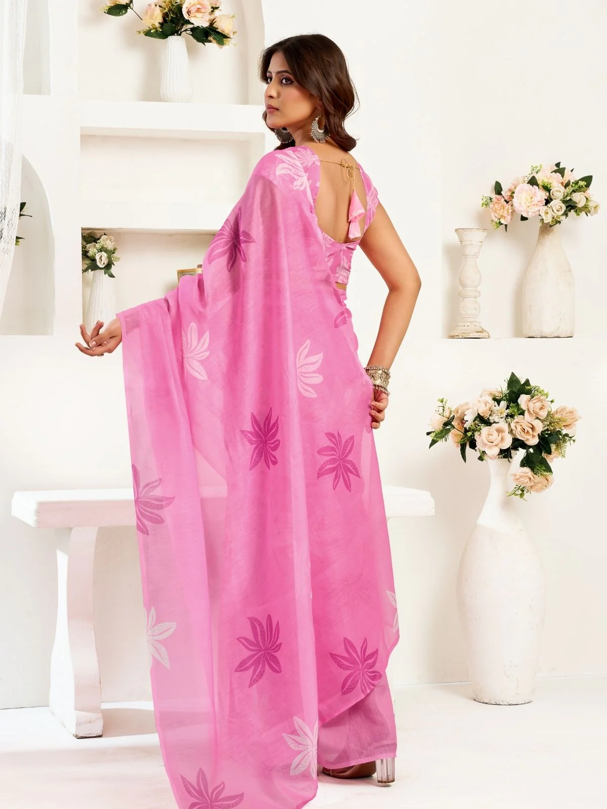 Odette Light Pink Cotton Linen Zari Work Saree For Women - Image 4