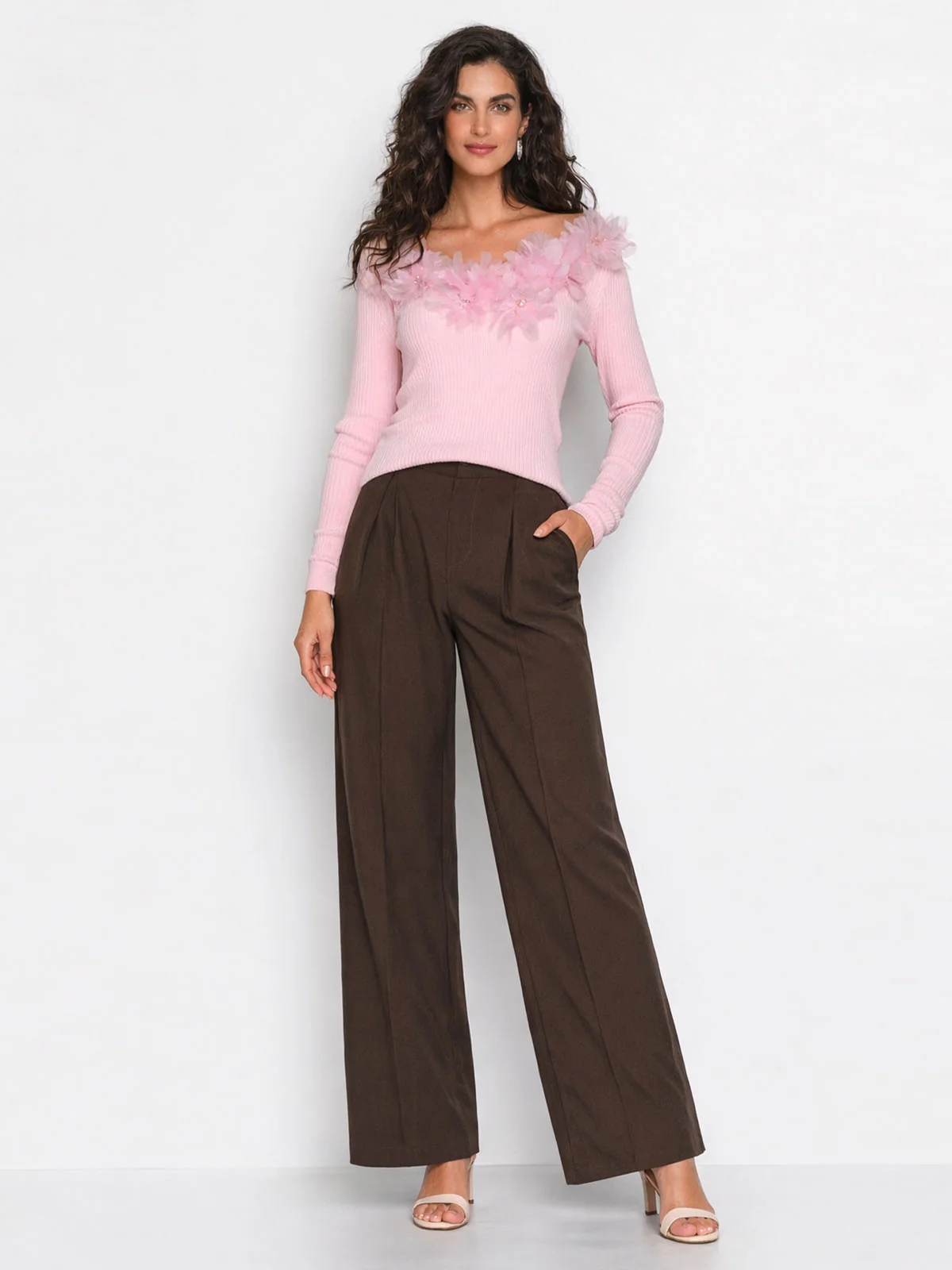 Odette Light Pink Cotton Rib Floral Applique Top For Women - Image 4