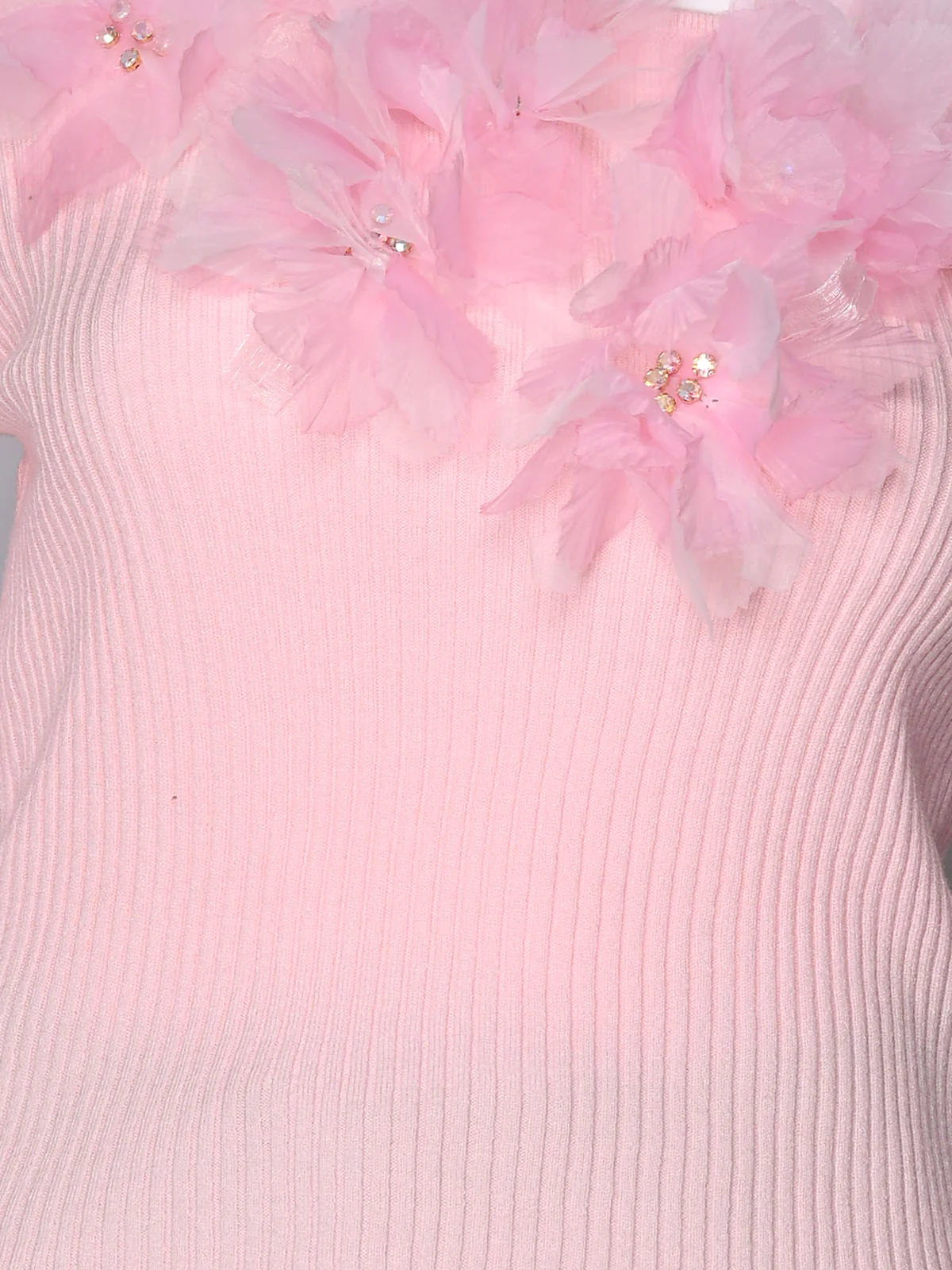 Odette Light Pink Cotton Rib Floral Applique Top For Women - Image 5