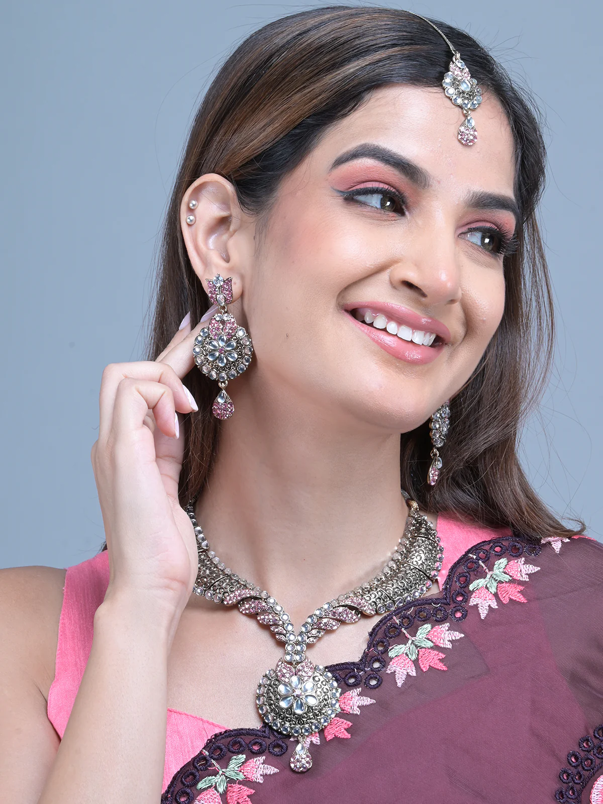 Odette Light Pink Embellished Kundan Necklace Set with Maangtika for Women - Image 2