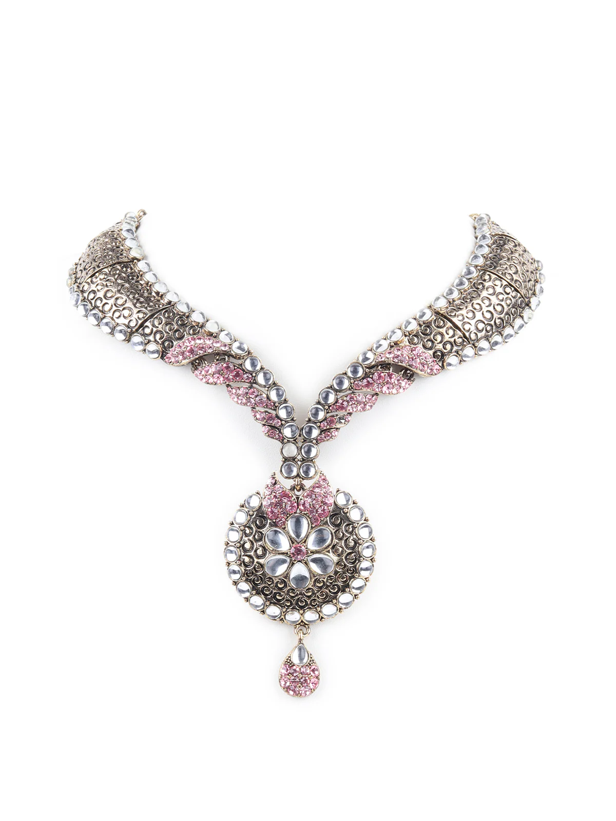 Odette Light Pink Embellished Kundan Necklace Set with Maangtika for Women - Image 3