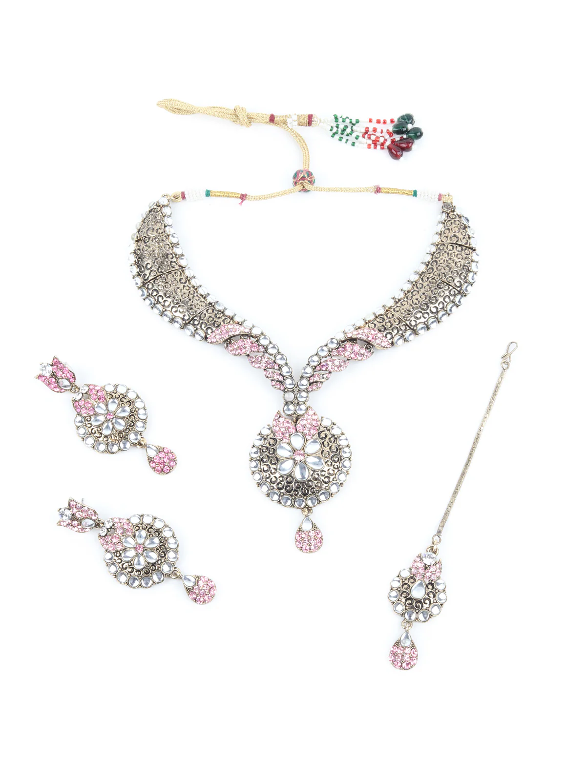 Odette Light Pink Embellished Kundan Necklace Set with Maangtika for Women - Image 4