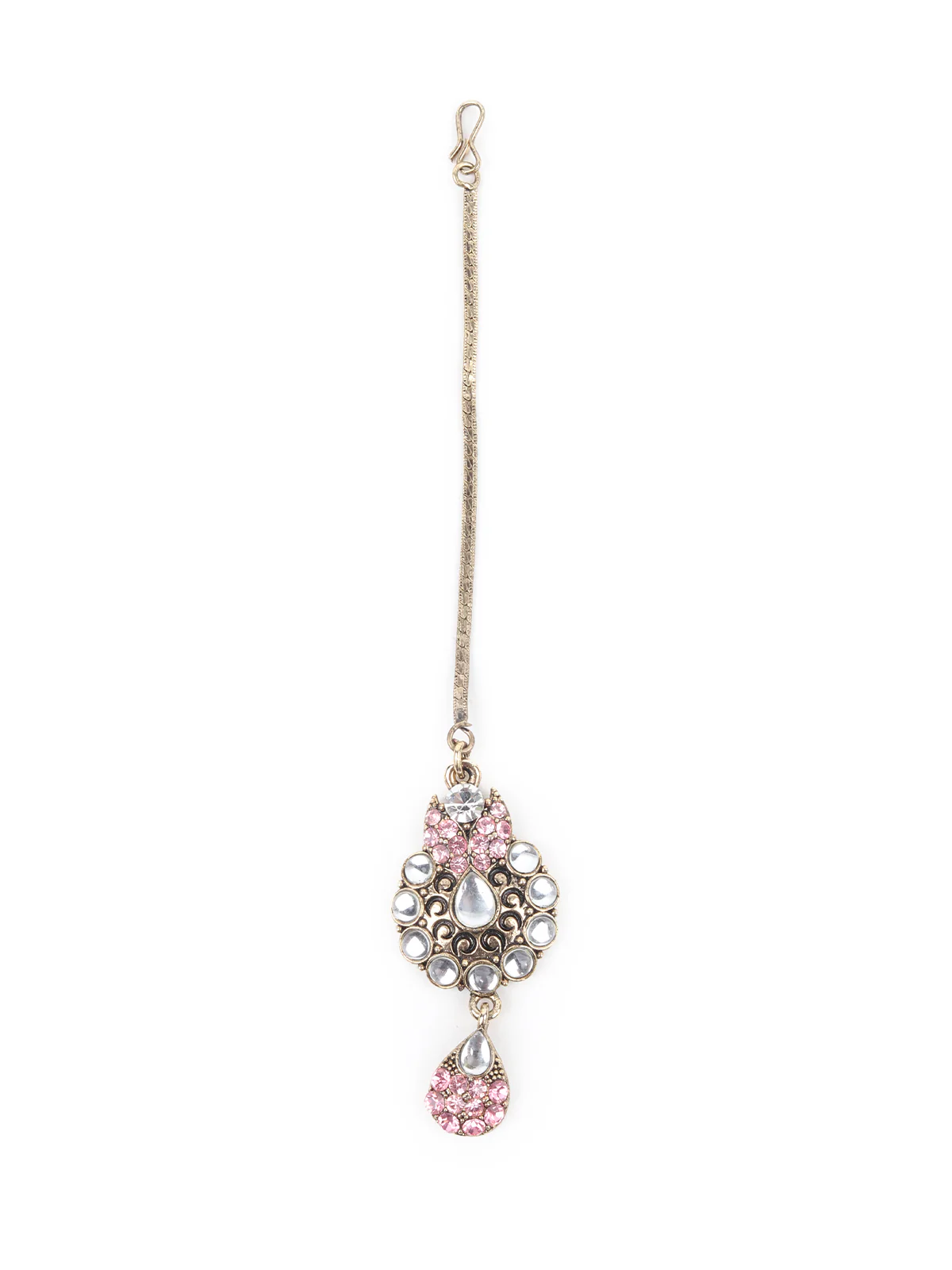 Odette Light Pink Embellished Kundan Necklace Set with Maangtika for Women - Image 7