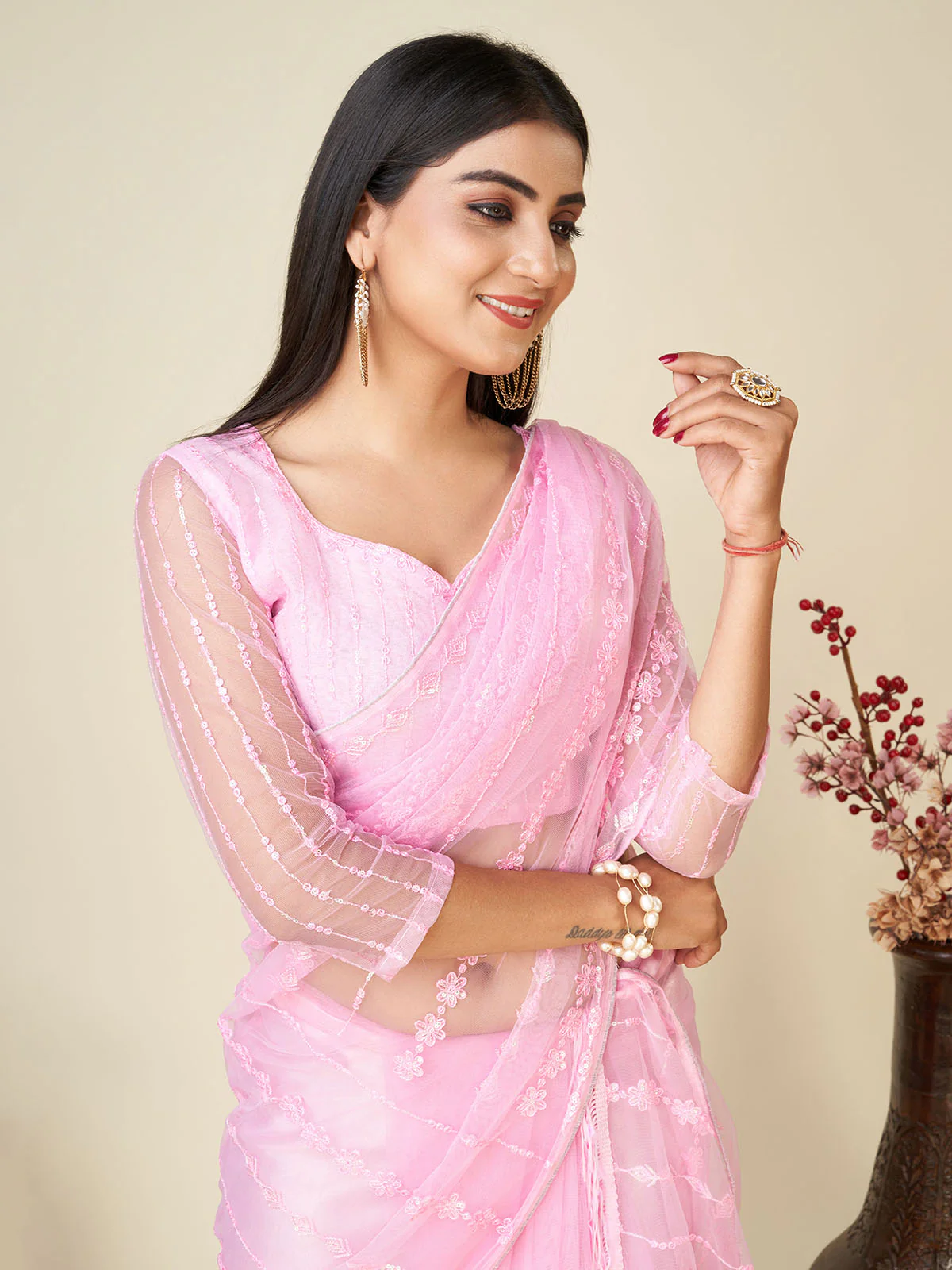 Odette Light Pink Embellished Net Saree With unstitched Blouse For Women - Image 6