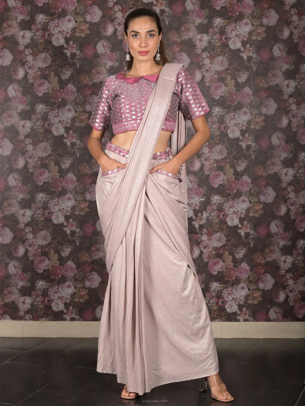 Odette Light Pink Embroidered Lycra Ready-To-Wear Saree With Stitched Blouse For Women
