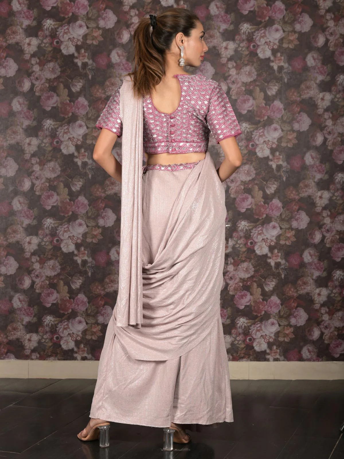 Odette Light Pink Embroidered Lycra Ready-To-Wear Saree With Stitched Blouse For Women - Image 4