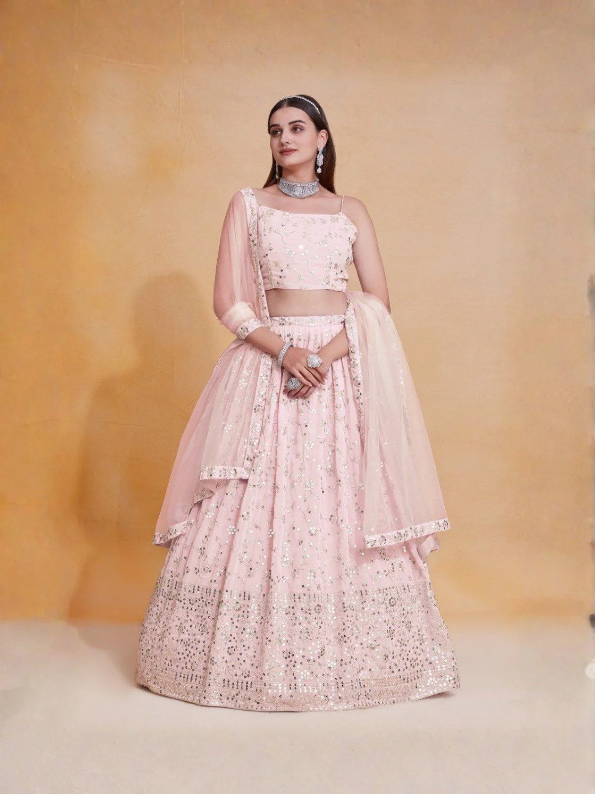 Odette Light Pink Georgette Embellished Semi Stitched Lehenga For Women - Image 2