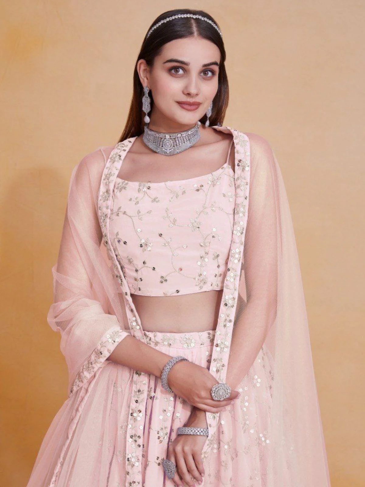 Odette Light Pink Georgette Embellished Semi Stitched Lehenga For Women - Image 4