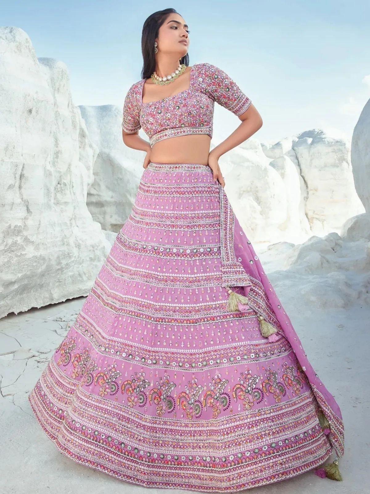 Odette Light Pink Georgette Embellished Semi-Stitched lehenga For Women - Image 2
