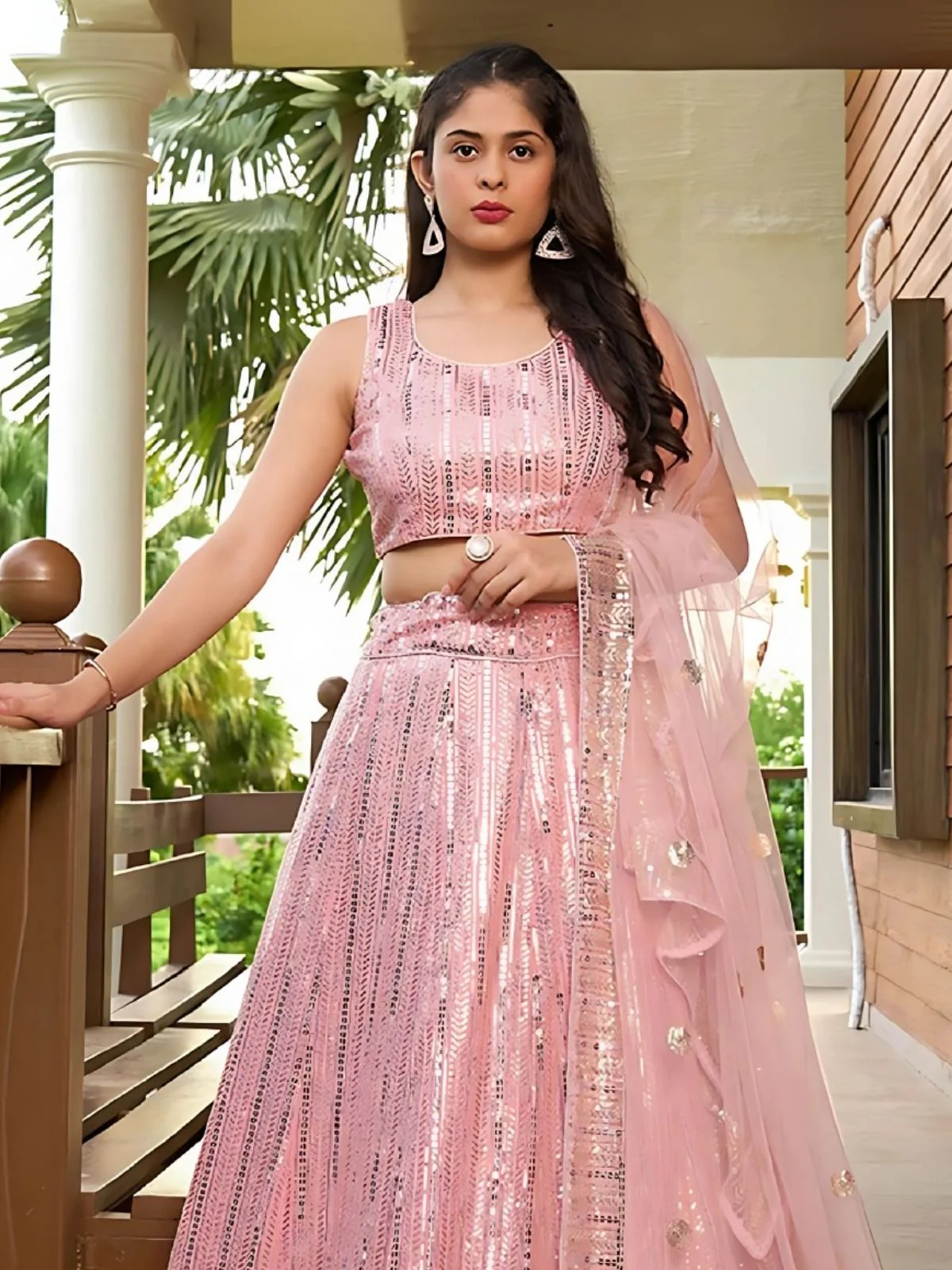 Odette Light Pink Georgette Embellished Semi-Stitched Lehenga For Women - Image 3