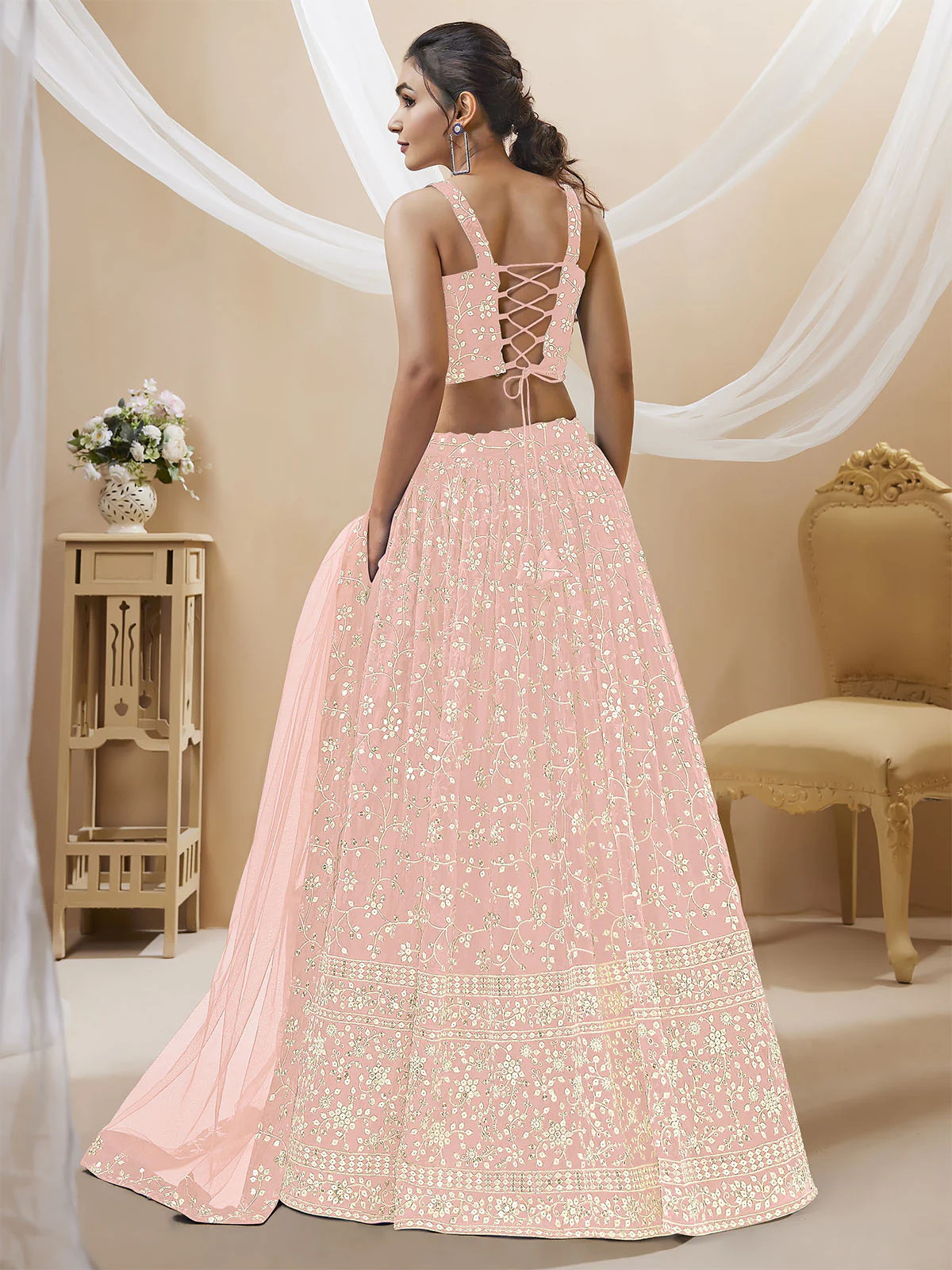 Odette Light Pink Georgette Embellished Semi Stitched Lehenga With Unstitched Blouse For Women - Image 3