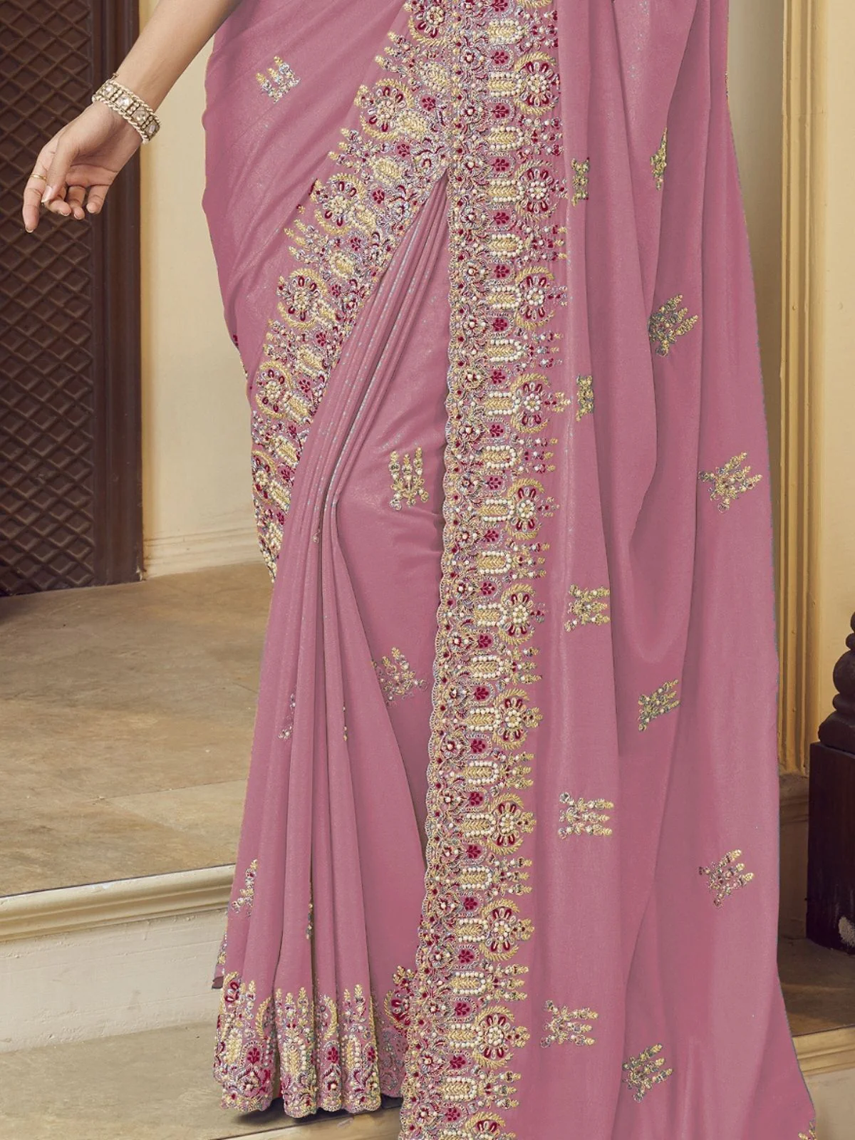 Odette Light Pink Georgette Embroidered Elegant Saree For Women - Image 2