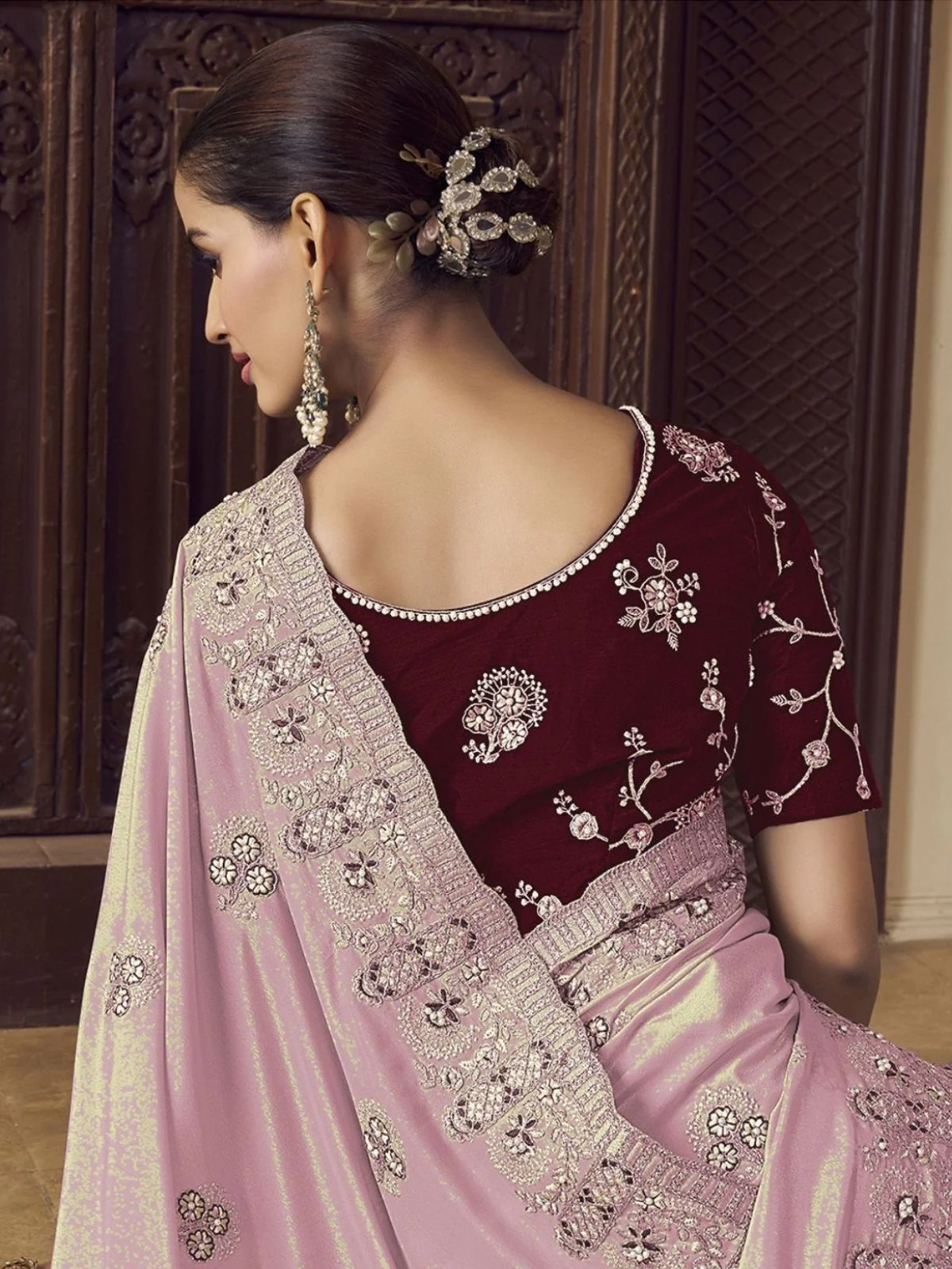 Odette Light Pink Georgette Embroidered Elegant Saree For Women - Image 2