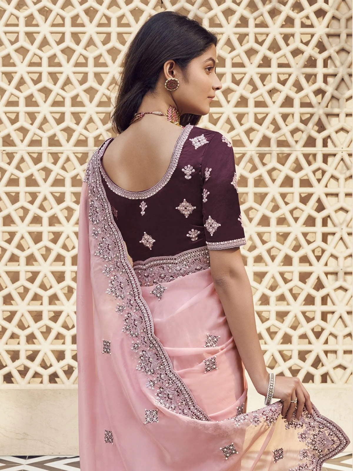 Odette Light Pink Georgette Embroidered Elegant Saree For Women - Image 3