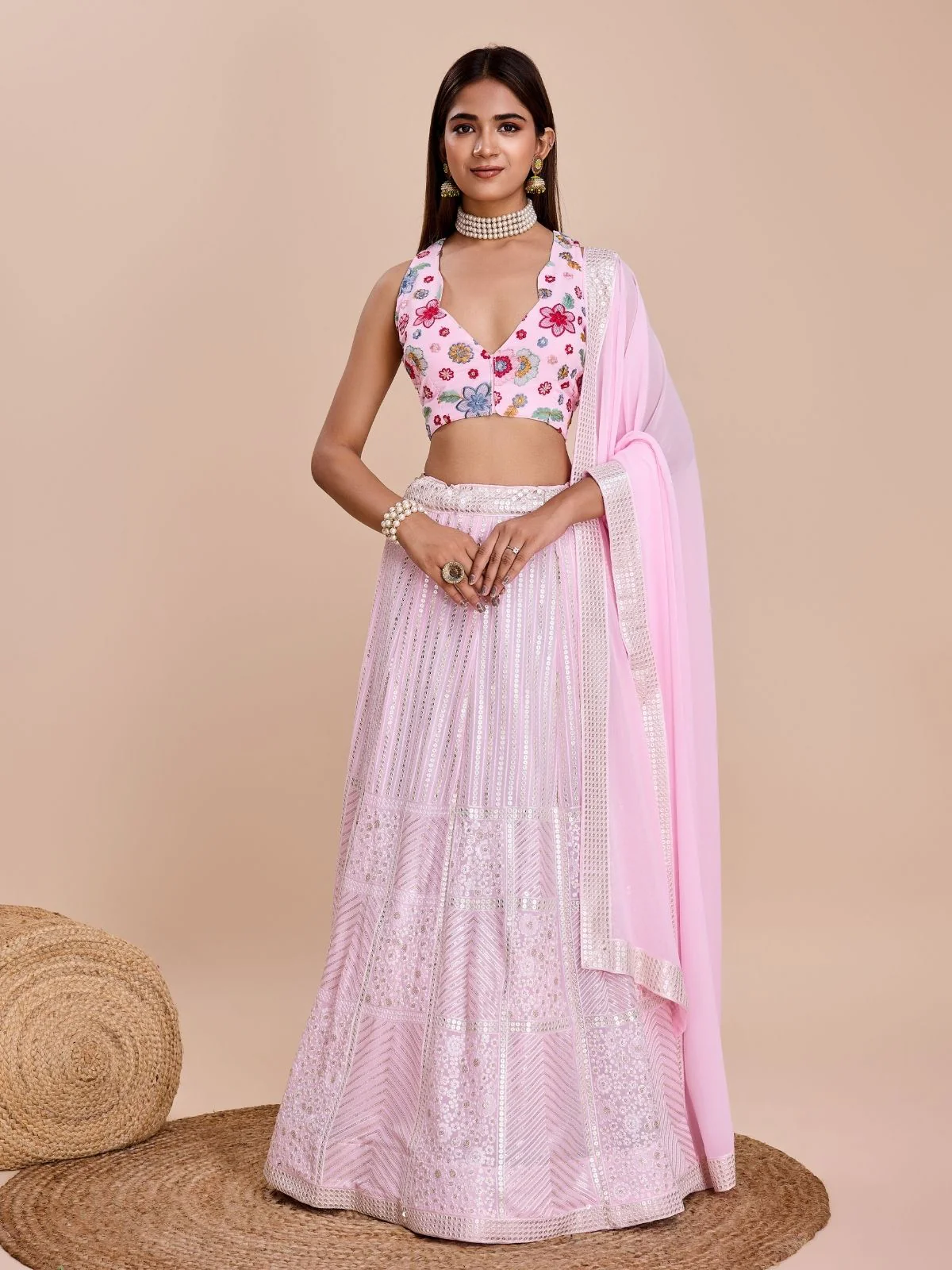 Odette Light Pink Georgette Embroidered Semi-Stitched Lehenga For Women