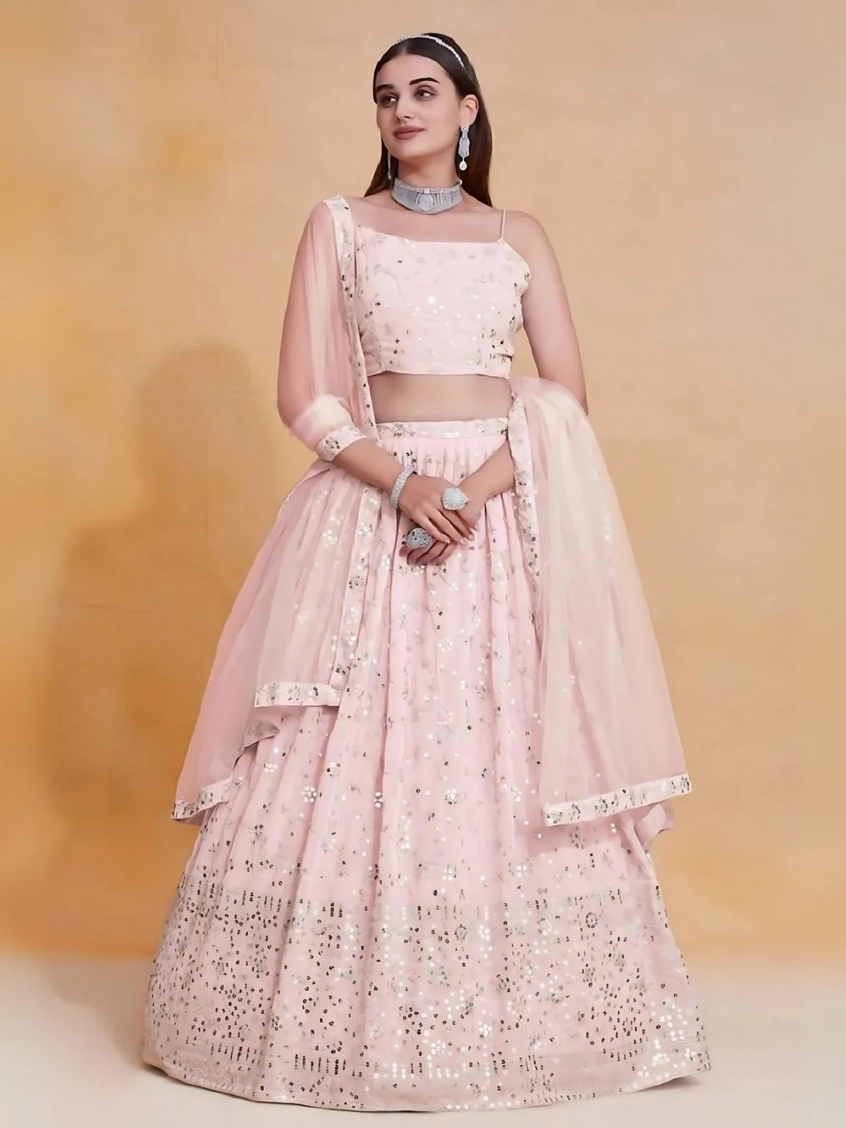 Odette Light Pink Georgette Embroidered Semi-Stitched Lehenga For Women - Image 2