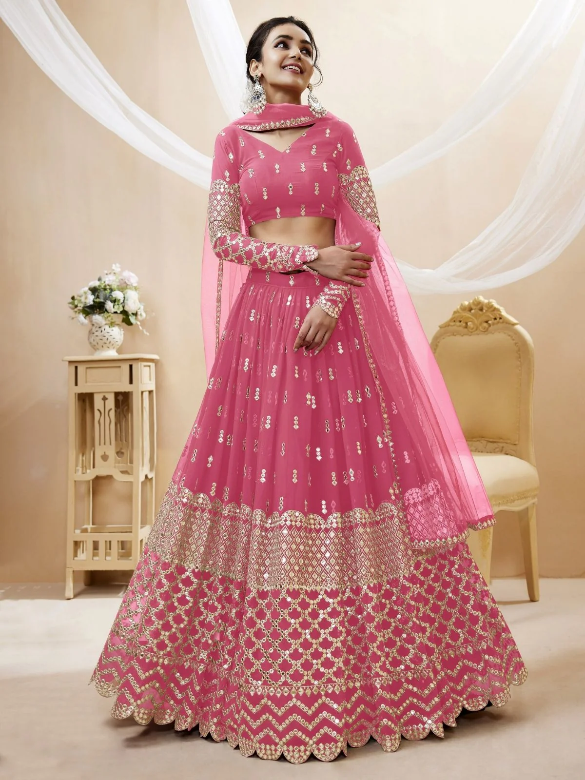 Odette Pink Georgette Embroidered Semi Stitched Lehenga With Unstitched Blouse For Women - Image 2