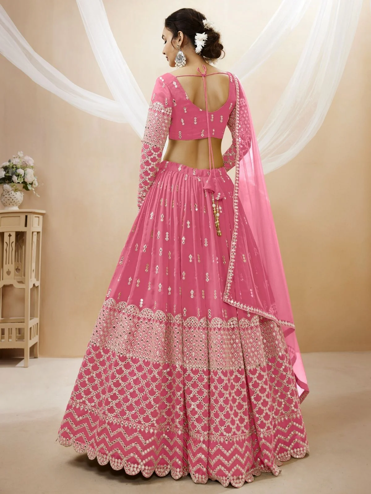 Odette Pink Georgette Embroidered Semi Stitched Lehenga With Unstitched Blouse For Women - Image 3