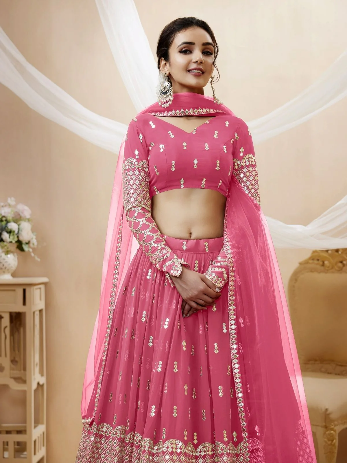 Odette Pink Georgette Embroidered Semi Stitched Lehenga With Unstitched Blouse For Women - Image 4