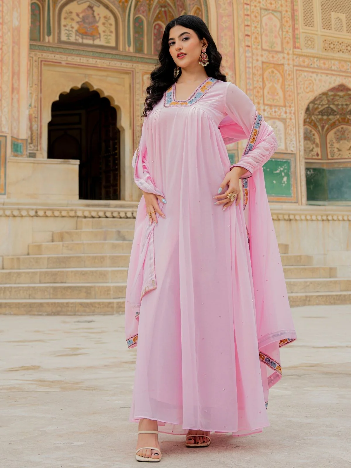 Odette Light Pink Georgette Thread Embroidered Stitched Gown For Women - Image 2