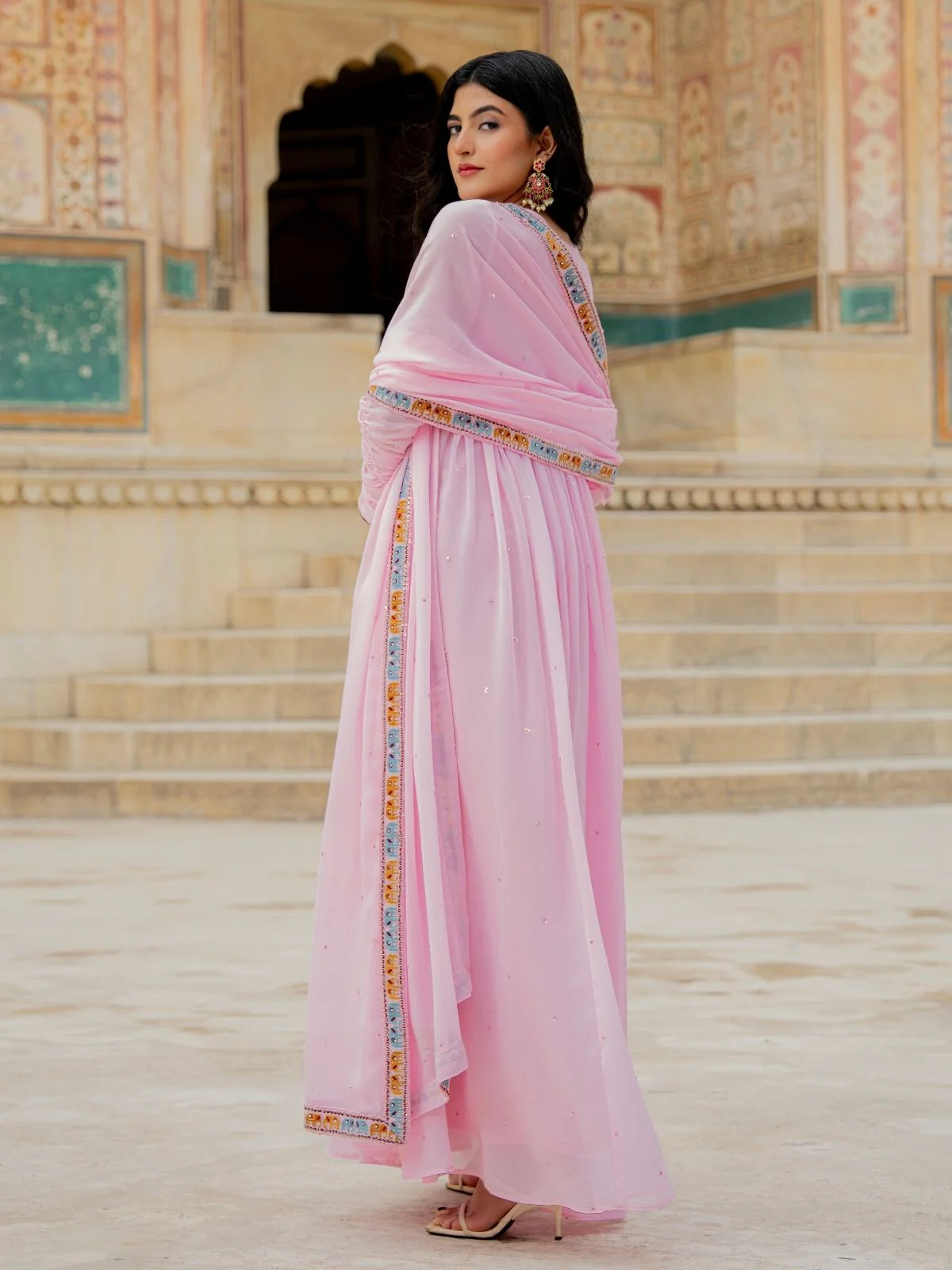 Odette Light Pink Georgette Thread Embroidered Stitched Gown For Women - Image 4