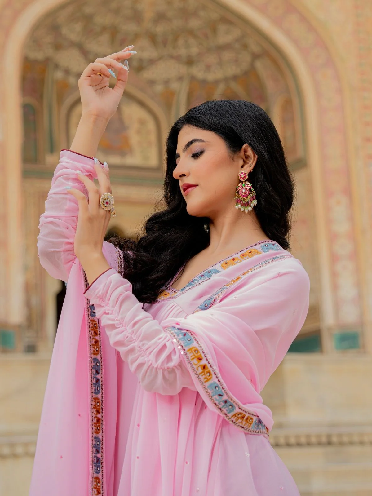 Odette Light Pink Georgette Thread Embroidered Stitched Gown For Women - Image 6