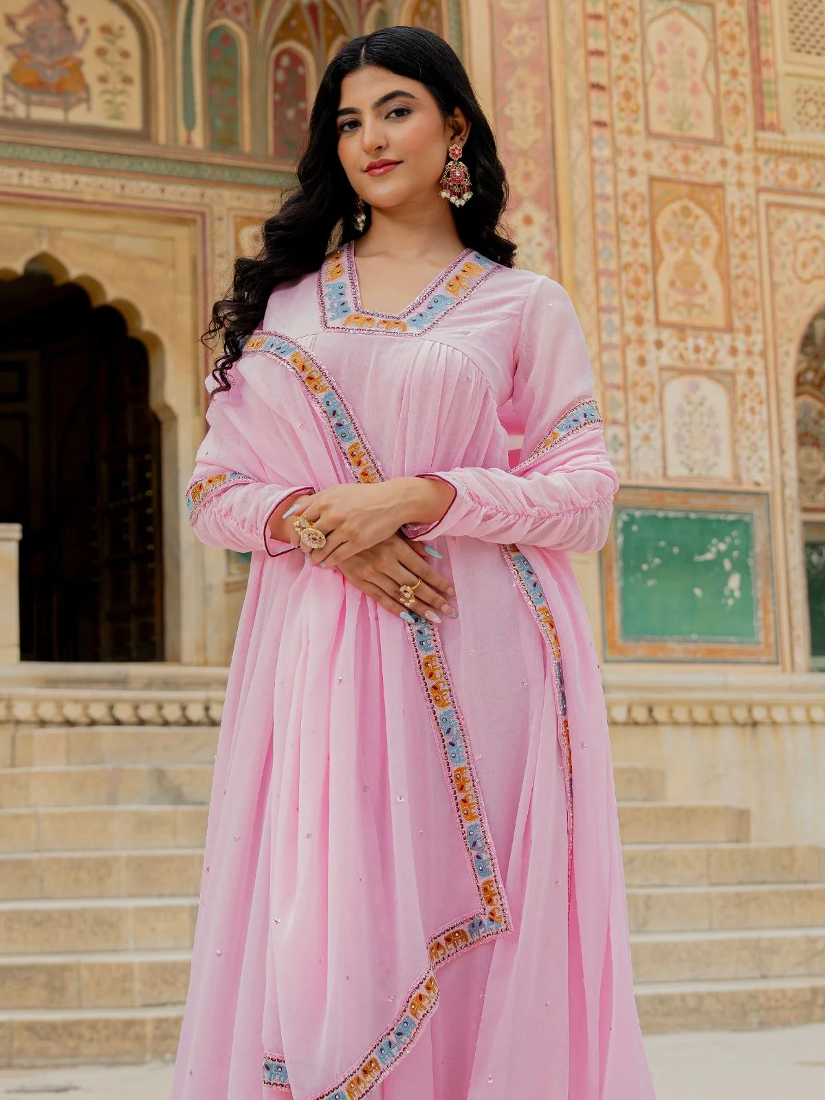 Odette Light Pink Georgette Thread Embroidered Stitched Gown For Women - Image 7