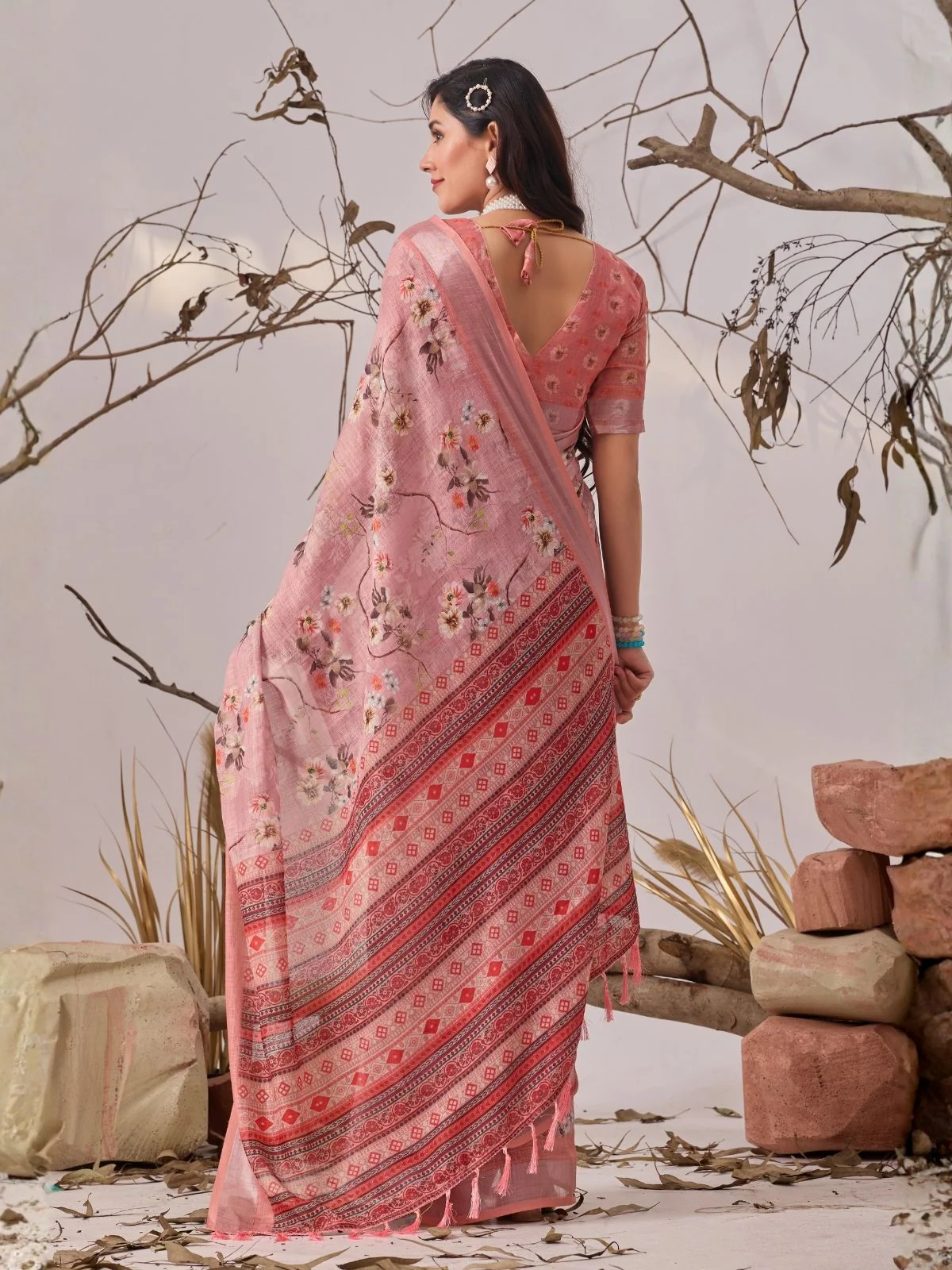 Odette Light Pink Linen Cotton Printed Saree For Women - Image 3