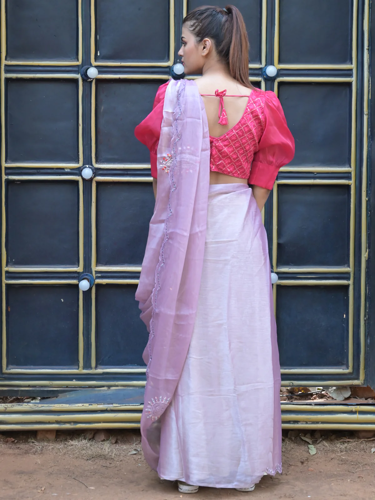 Odette Light Pink Mirror Work Embroidered Saree with Unstitched Blouse for Women - Image 3