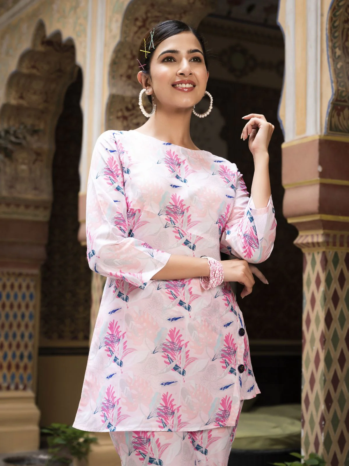 Odette Light Pink Muslin Printed Indo Western Co Ord Set For Women - Image 5