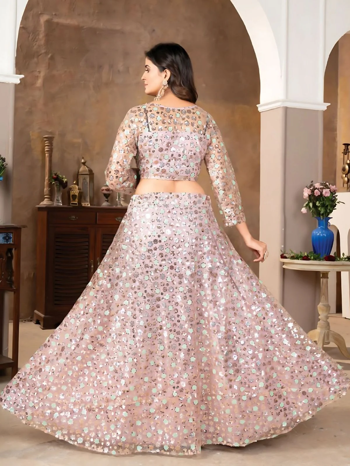 Odette Light Pink Net Embellished Semi-Stitched Lehenga For Women - Image 2