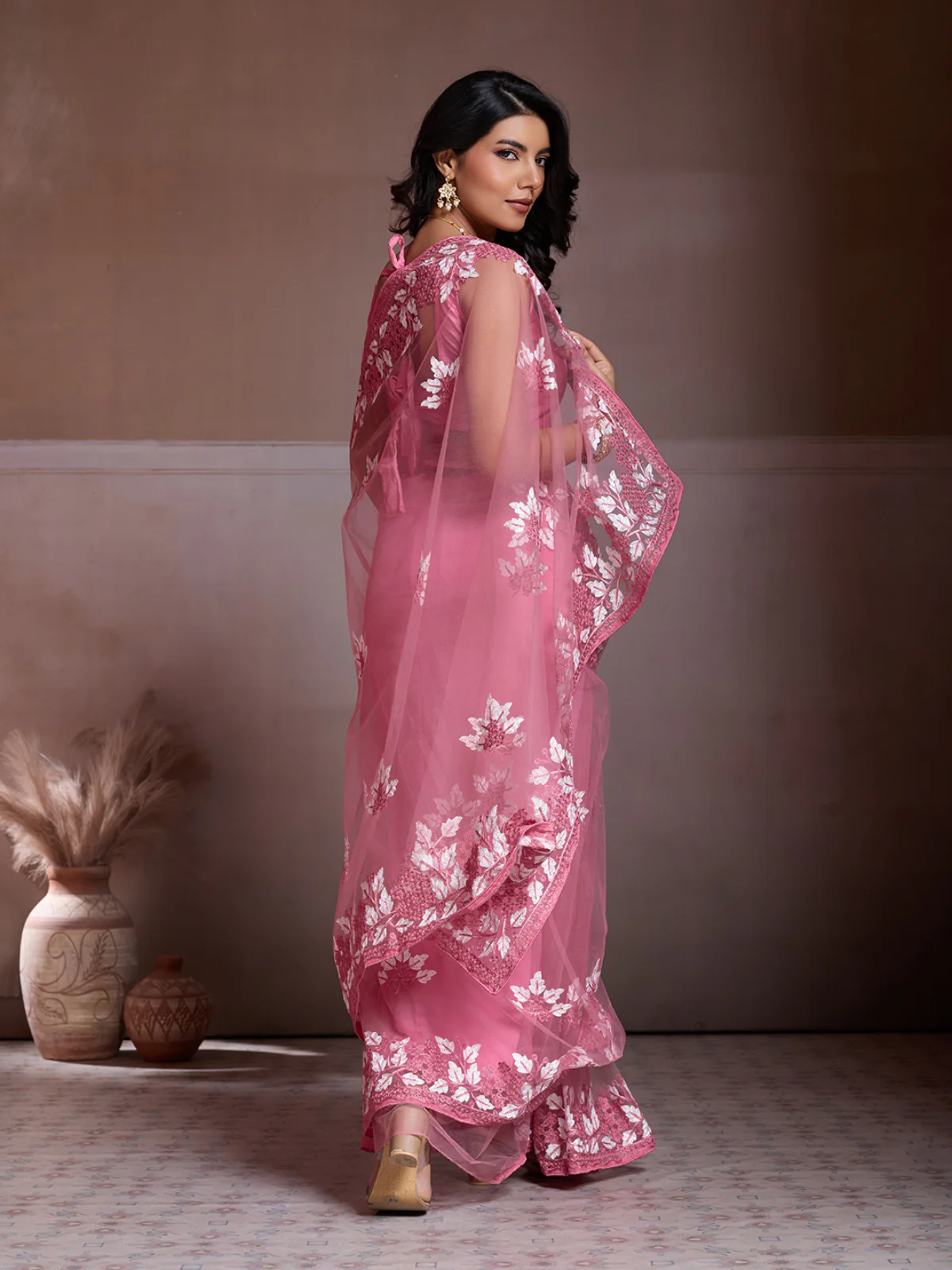 Odette Light Pink Net Embroidered Saree For Women - Image 2
