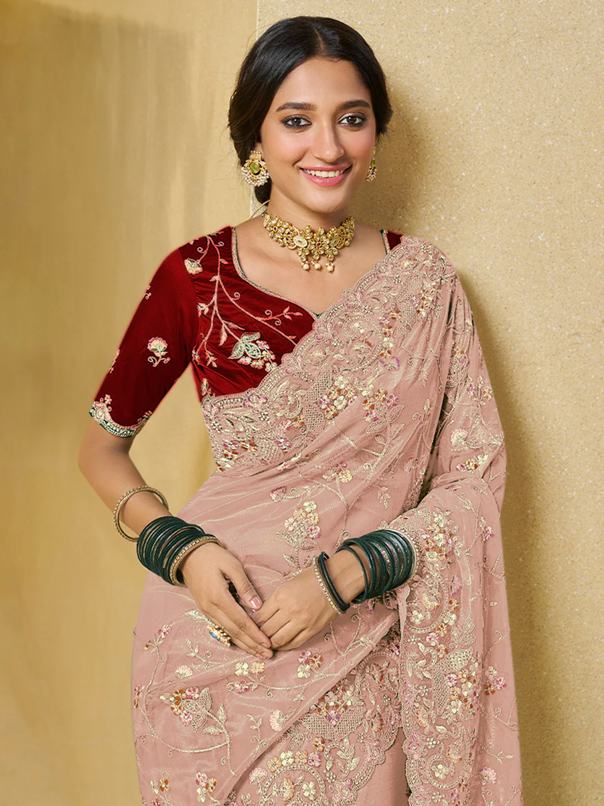 Odette Light Pink Net Embroidered Saree With Unstitched Blouse For Women - Image 2