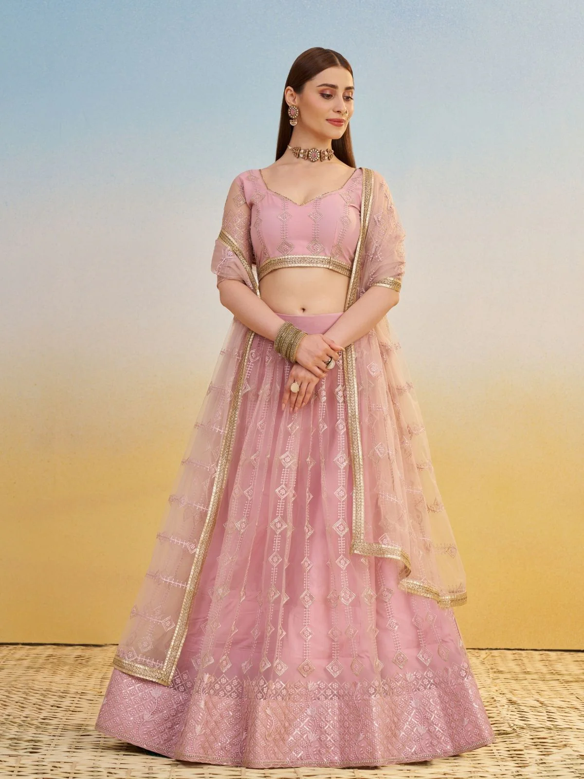 Odette Light Pink Net Embroidered Semi Stitched Lehenga For Women - Image 2