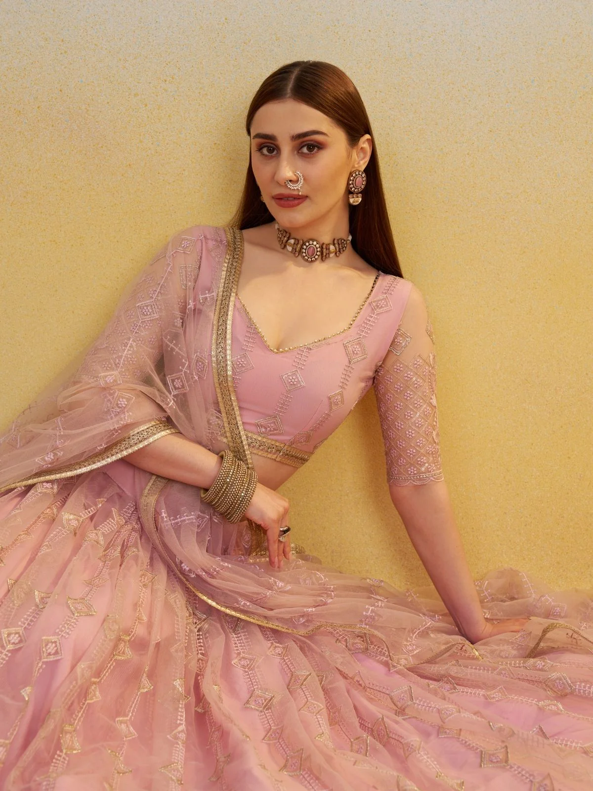 Odette Light Pink Net Embroidered Semi Stitched Lehenga For Women - Image 4