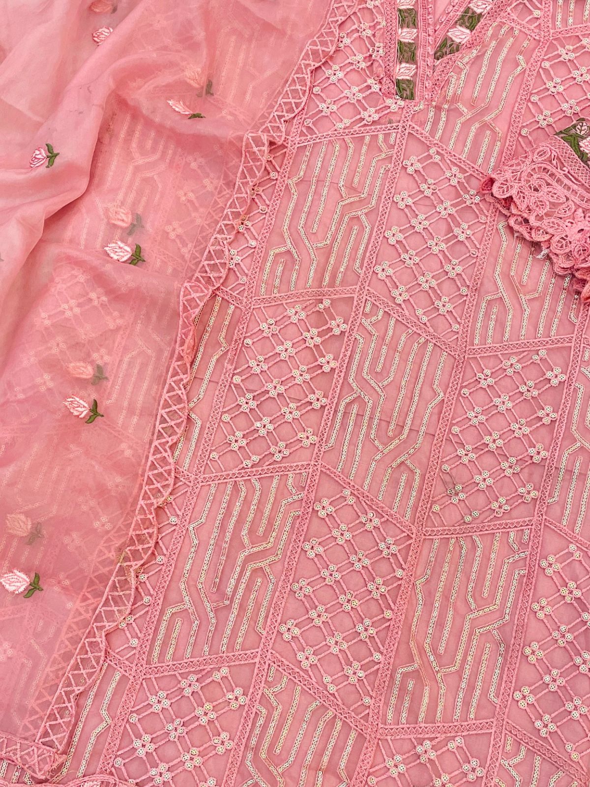 Odette Light Pink Organza Embellished Semi-Stitched Kurta Set For Women - Image 4