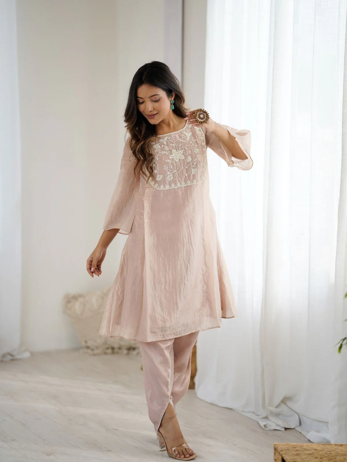 Odette Light Pink Organza Embroidered Stitched Kurta Set For Women - Image 4