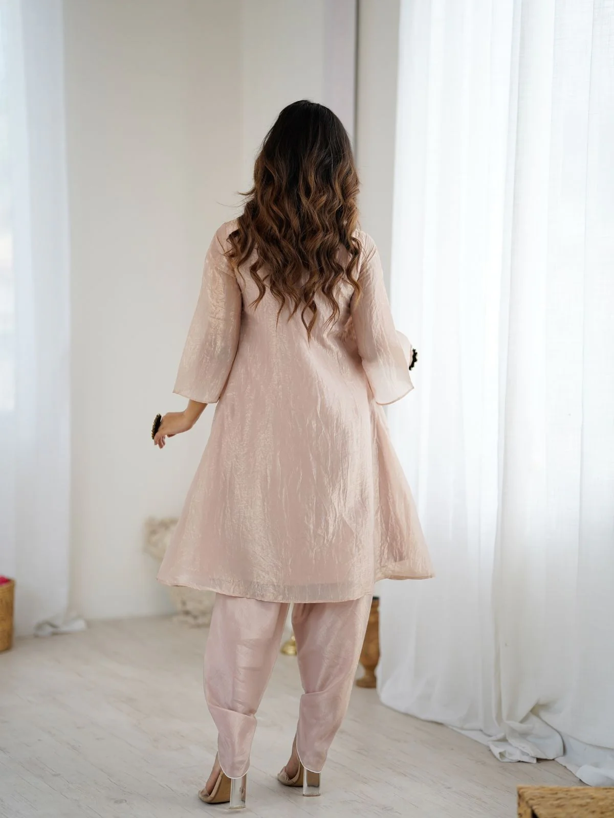 Odette Light Pink Organza Embroidered Stitched Kurta Set For Women - Image 5
