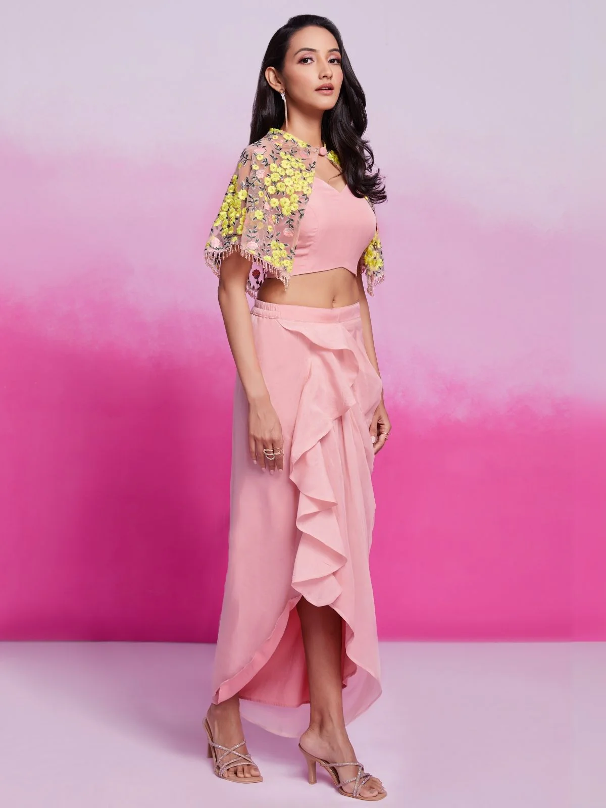 Odette Light Pink Organza Solid Co-Ord Set For Women - Image 2
