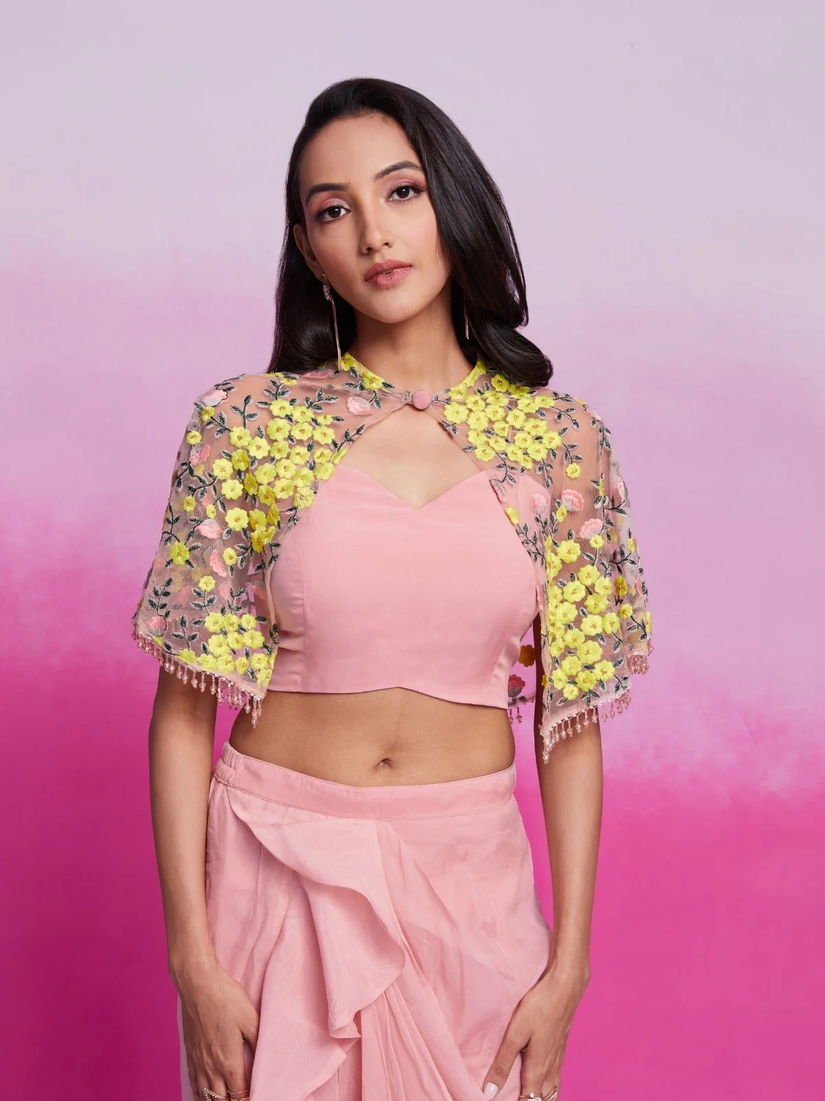 Odette Light Pink Organza Solid Co-Ord Set For Women - Image 6