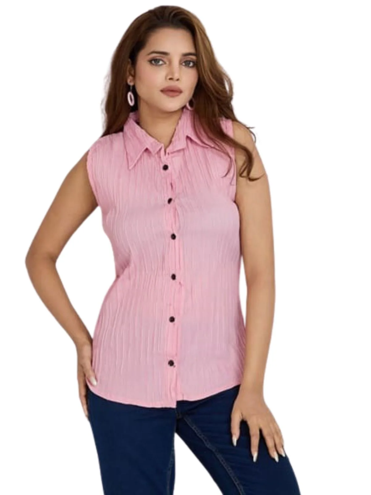 Odette Light Pink Poly Cotton Solid Shirt For Women - Image 2