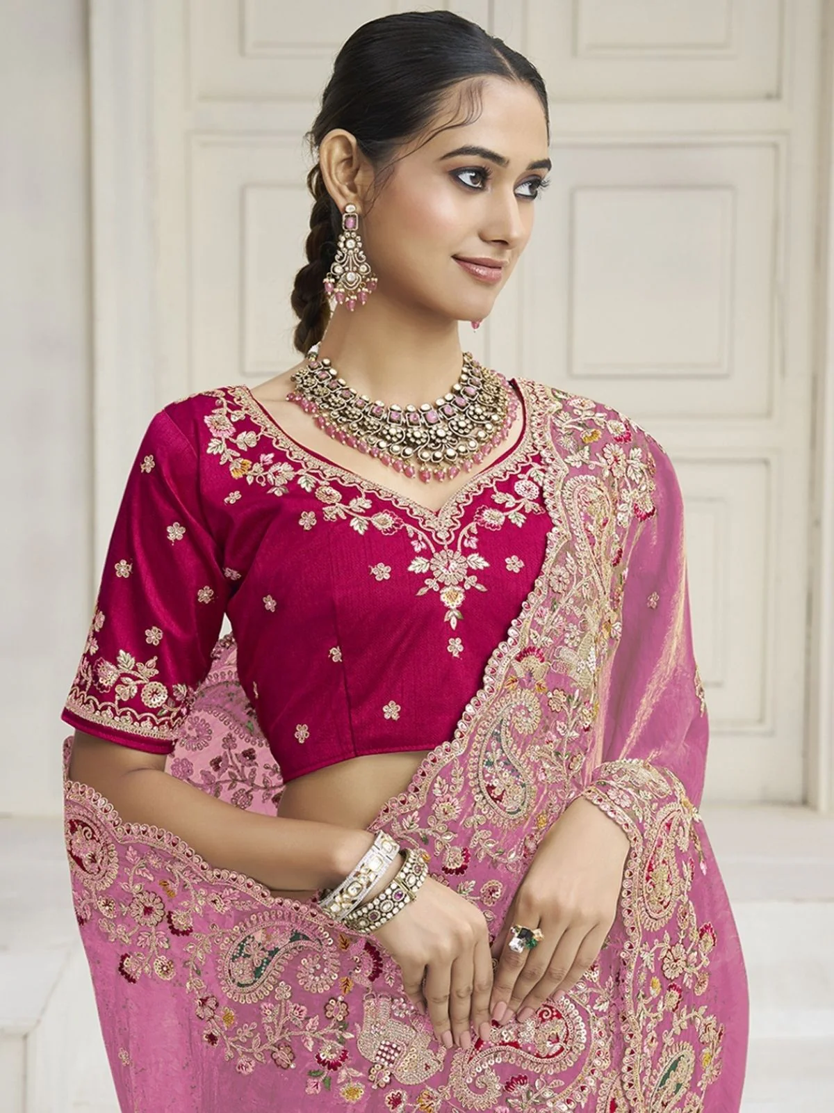 Odette Light Pink Satin Embroidered Saree For Women - Image 2