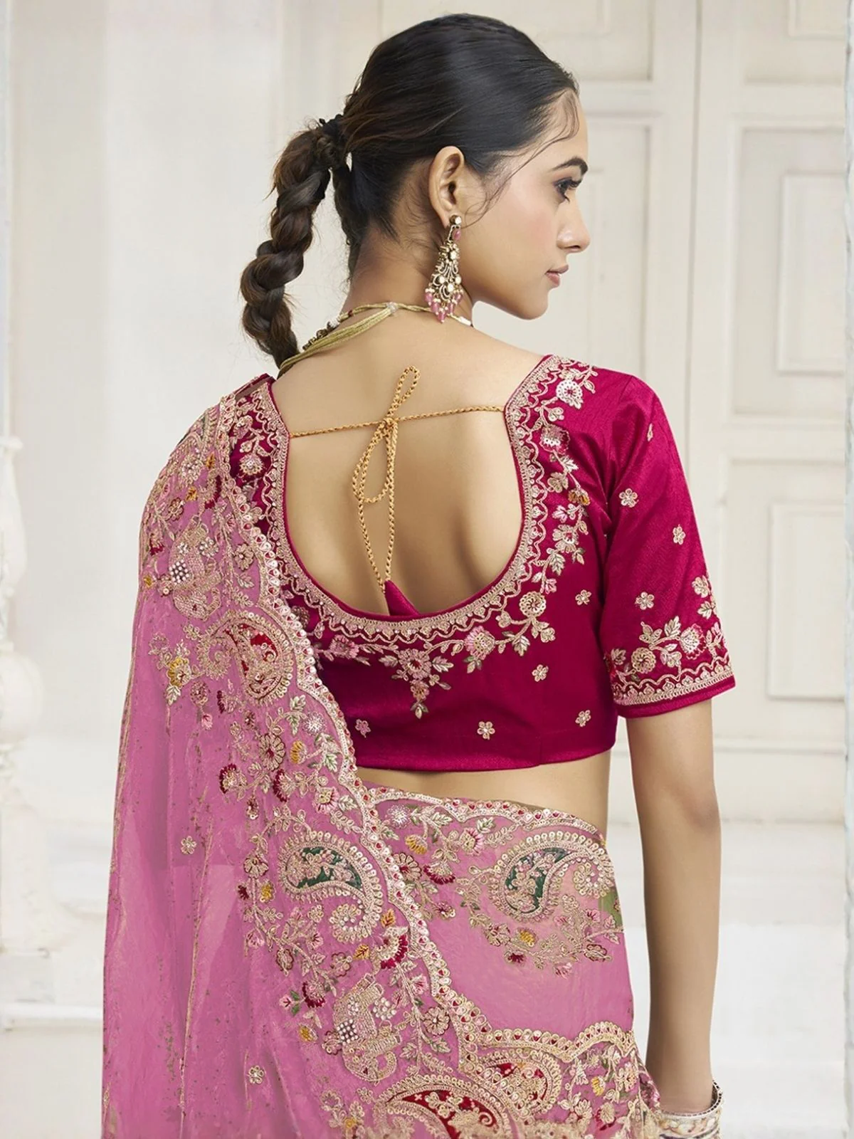 Odette Light Pink Satin Embroidered Saree For Women - Image 3