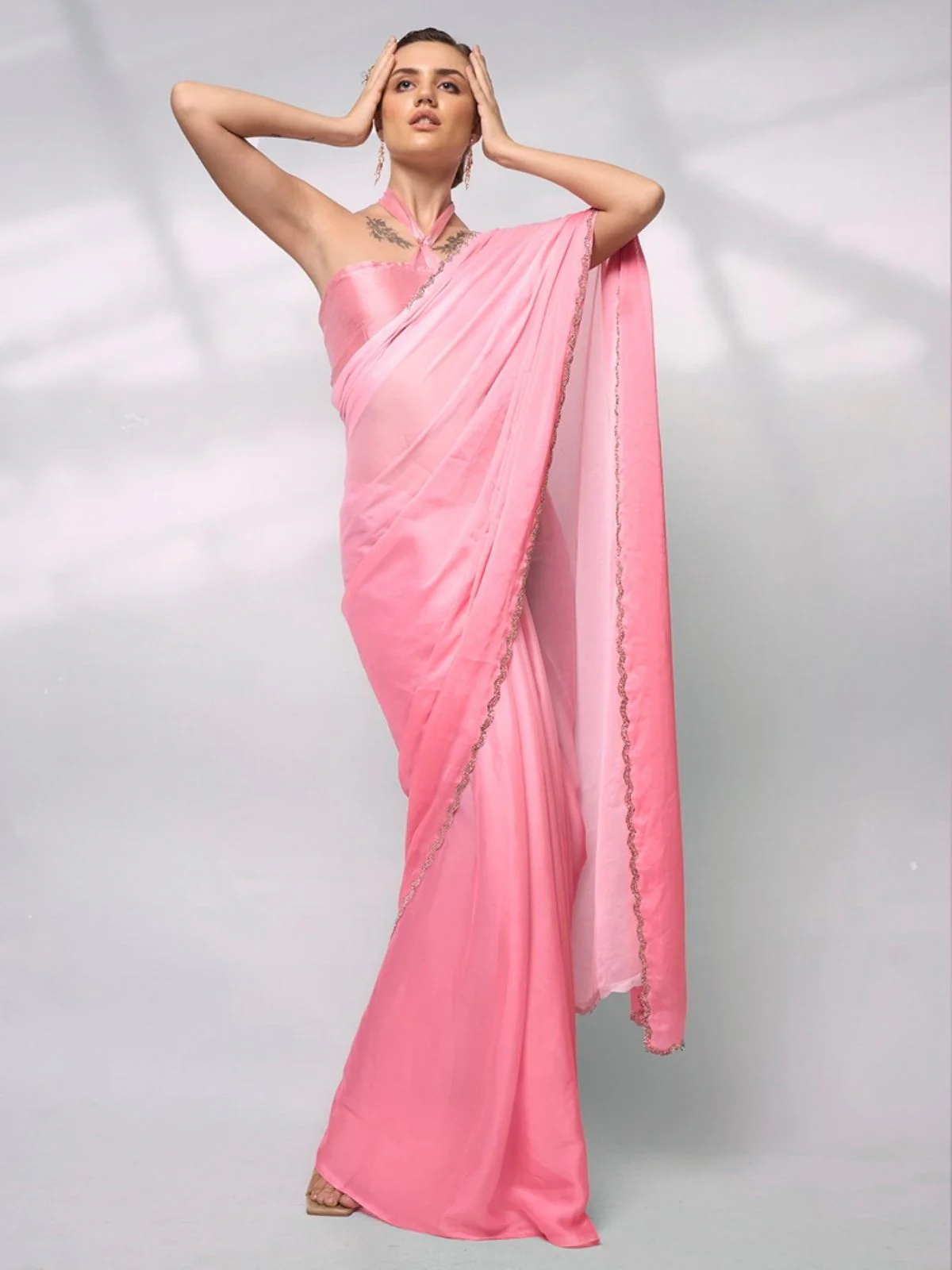 Odette Light Pink Satin Lace Work Saree With Unstitched Blouse For Women - Image 2