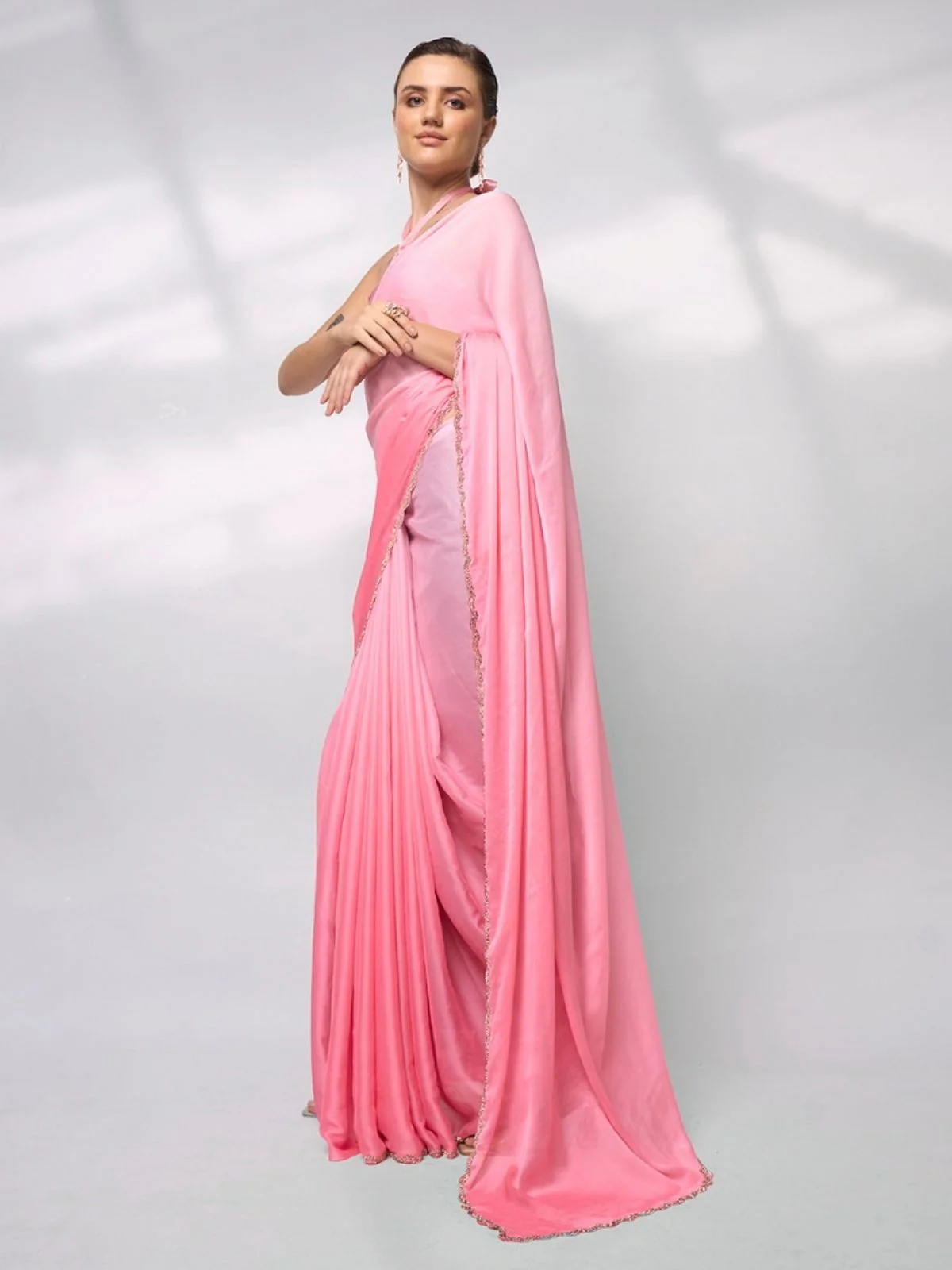 Odette Light Pink Satin Lace Work Saree With Unstitched Blouse For Women - Image 3