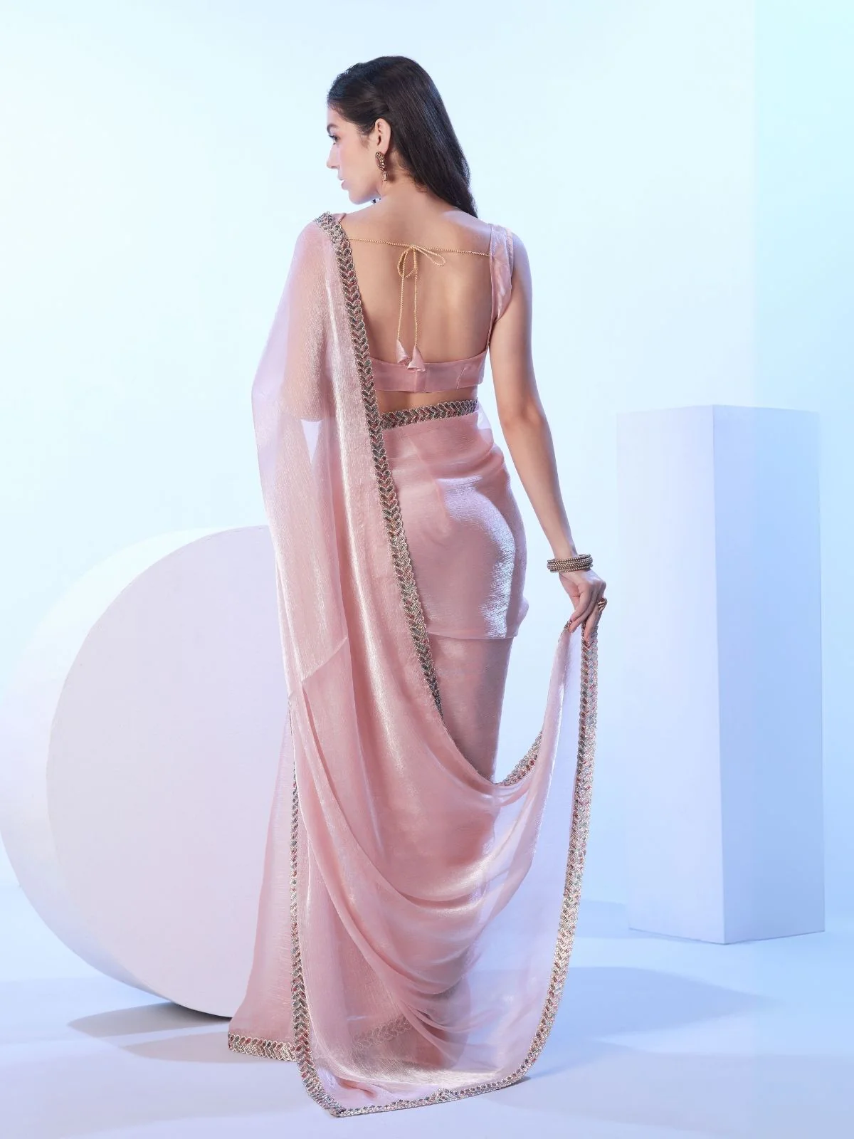 Odette Light Pink Satin Lace Work Saree With Unstitched Blouse For Women - Image 5