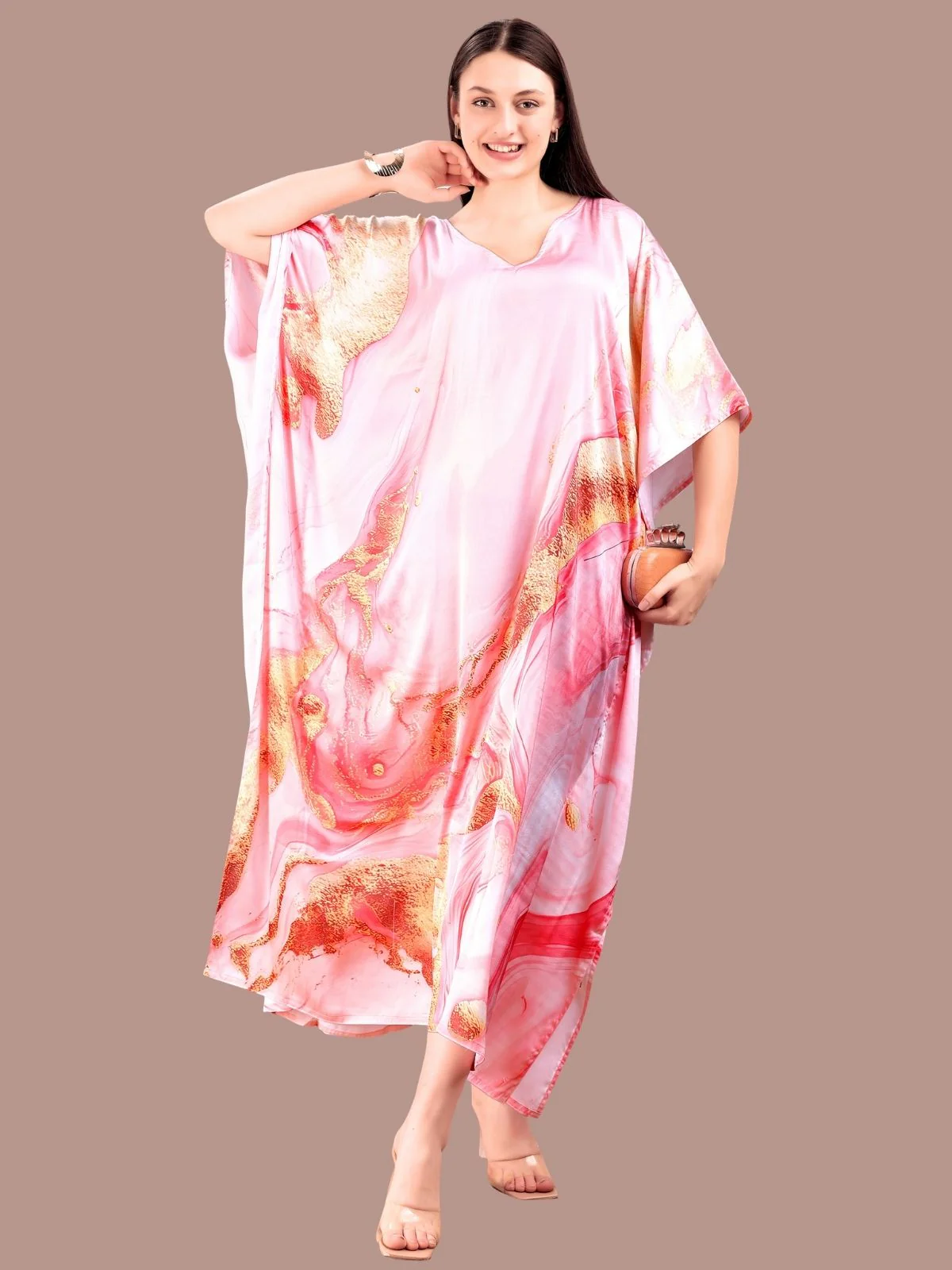 Odette Light Pink Satin Printed Kaftan For Women - Image 3