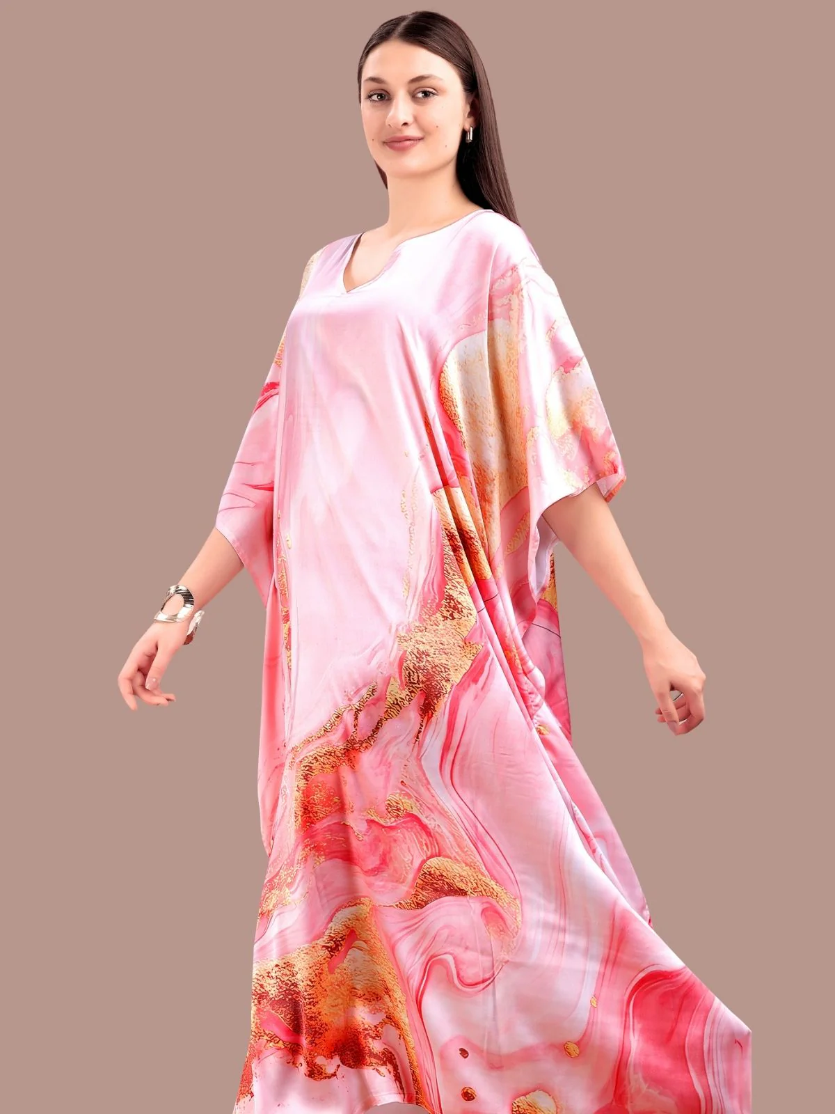 Odette Light Pink Satin Printed Kaftan For Women - Image 4